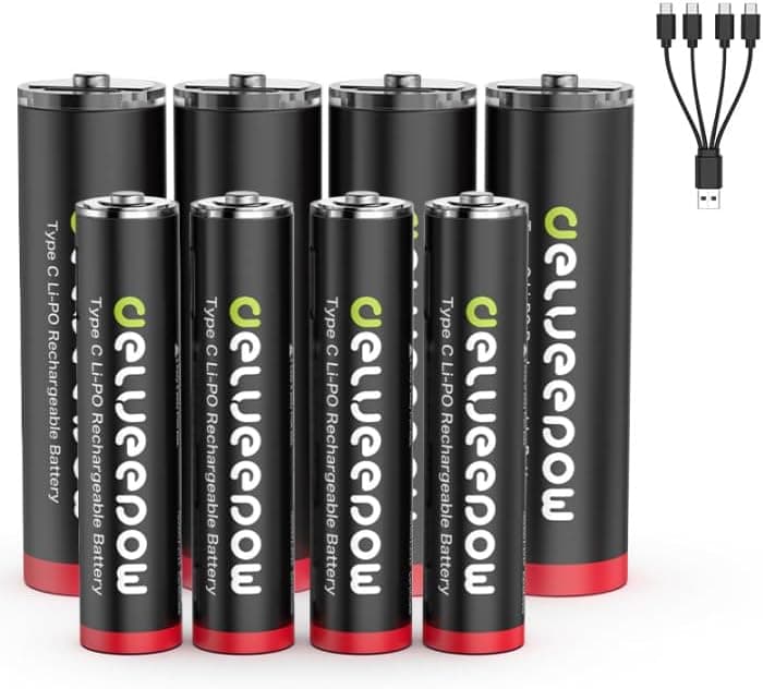 Delyeepow USB-C 4 pilhas AA de lítio recarregáveis 3400 mWh, 4 unidades AAA baterias de lítio recarregáveis 1200 mWh