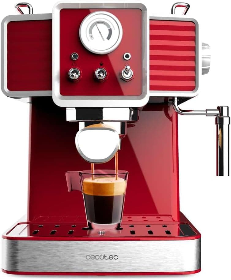 Cecotec Cafeteira Express Power Espresso 20 Tradizionale Light Red. 1350 W, Tecnologia ForceAroma de 20 bars, vaporizador orientável, braço duplo, fecho automático bandeja de gotejamento removível