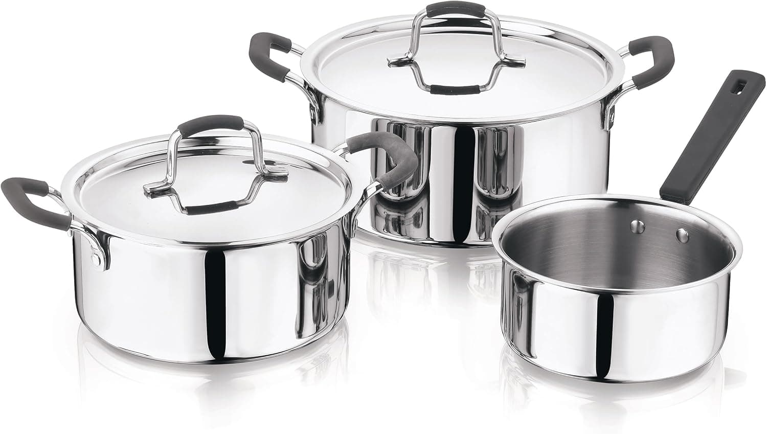MasterPRO - Conjunto de 5 frigideiras triplas - 1 caçarola de 16 cm, 1 caçarola com tampa de 20 cm - 1 caçarola com tampa de 24 cm - caçarola com pega de silicone - tampa de aço inoxidável