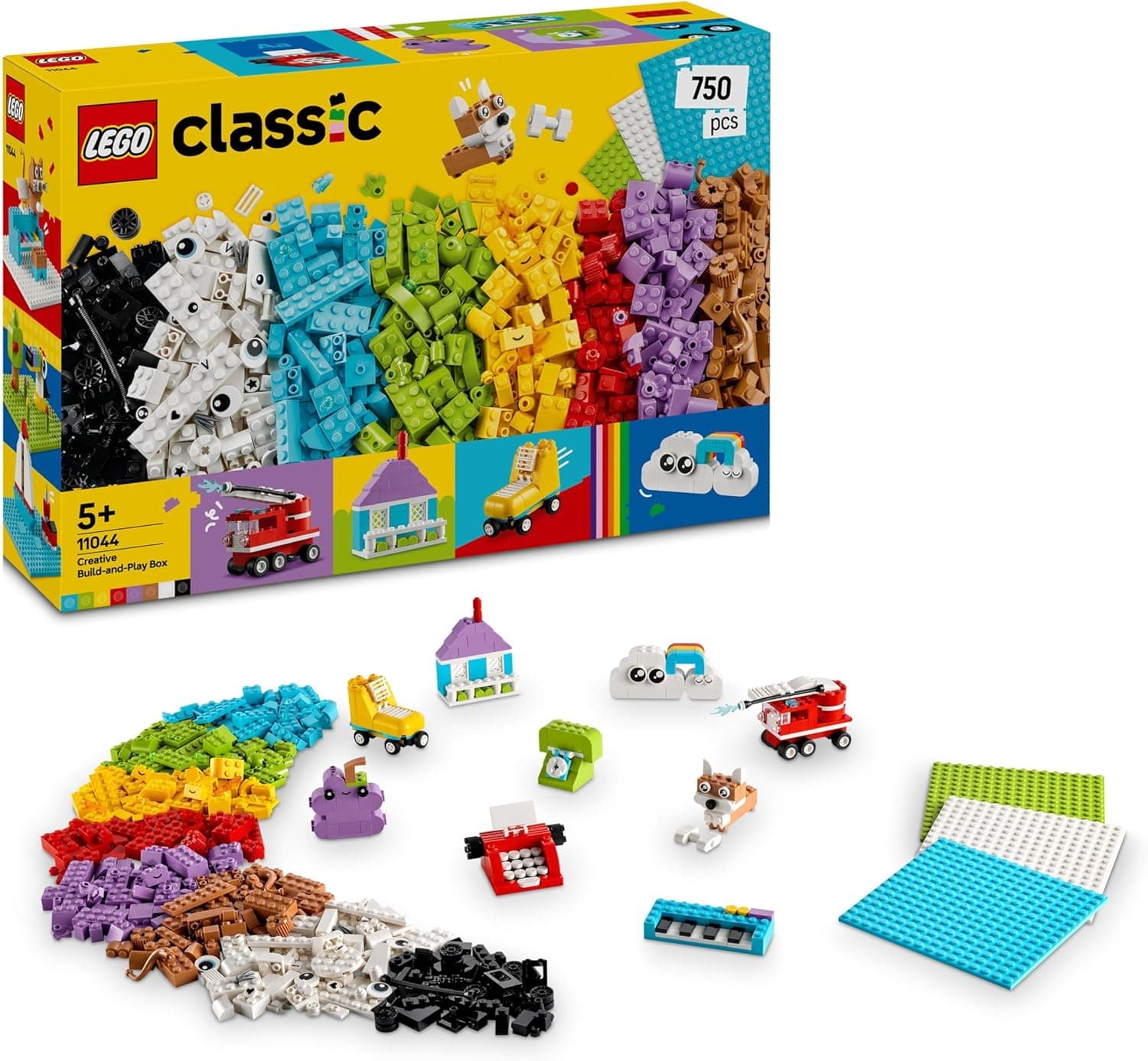 LEGO Classic Caixa criativa para construir e brincar com tijolos coloridos, casa, cão, camião de bombeiros, teclado, nuvens, arco-íris e mais brinquedos, artesanato para meninos e meninas de 5 anos