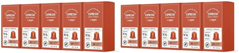 by Amazon - Cápsulas de café expresso, torrada clara, compatíveis com Nespresso, 100 unidades, 5 embalagens de 20, certificado Rainforest Alliance (embalagem de 2)