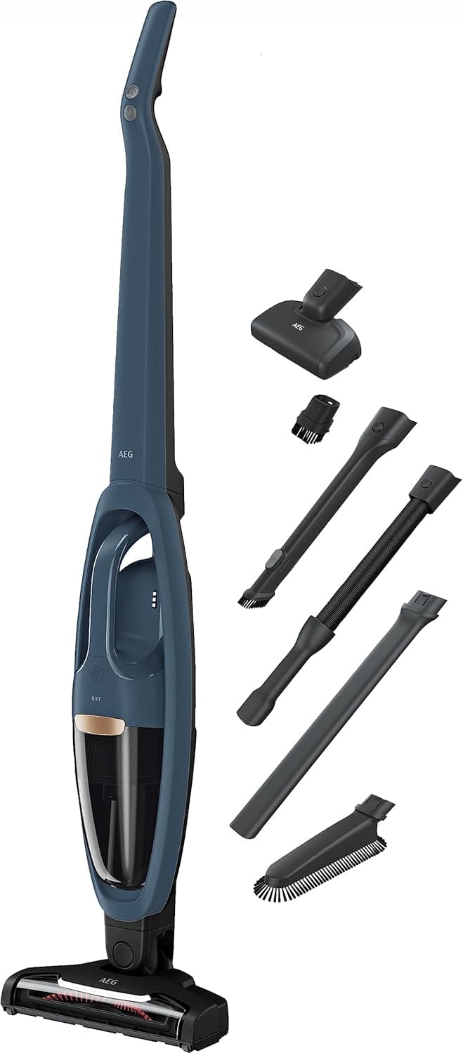 AEG QX7-1-I360 Aspirador sem cabo, 21,6 V, automonomia de 50 min, 2 velocidades, tecnologia Cyclonic, 5 passos, depósito de 0,3 l, aspirador vassoura e manual, azul