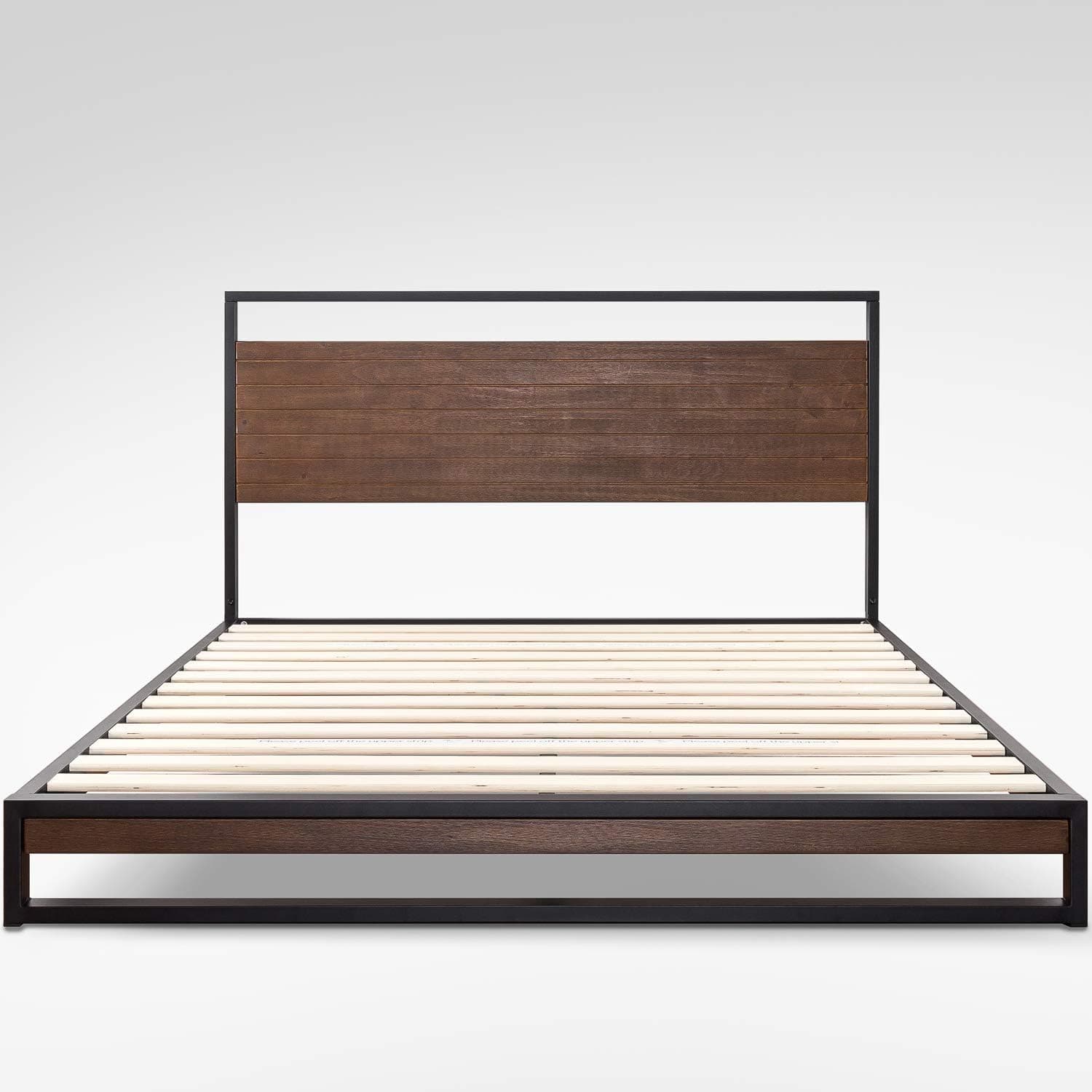 Zinus Suzanne Cama de 150 x 190 cm - altura 18 cm, moldura de cama de plataforma de metal e madeira com cabeceira e suporte de ripas de madeira - castanho e preto