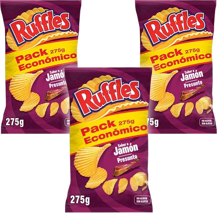 Ruffles Presunto, batatas fritas com sabor de presunto, saco familiar, 275 g x 3