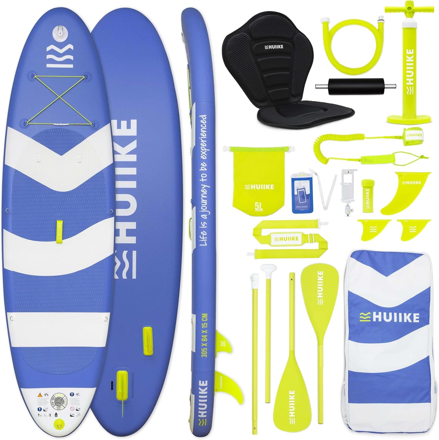 HUIIKE Tabela Paddle Surf insuflável com acessórios incluídos, remo, quilhas, insuflador. Stand Up Paddle Board grande estabilidade e resistência. 305 x 84 x 15 cm, 130 kg