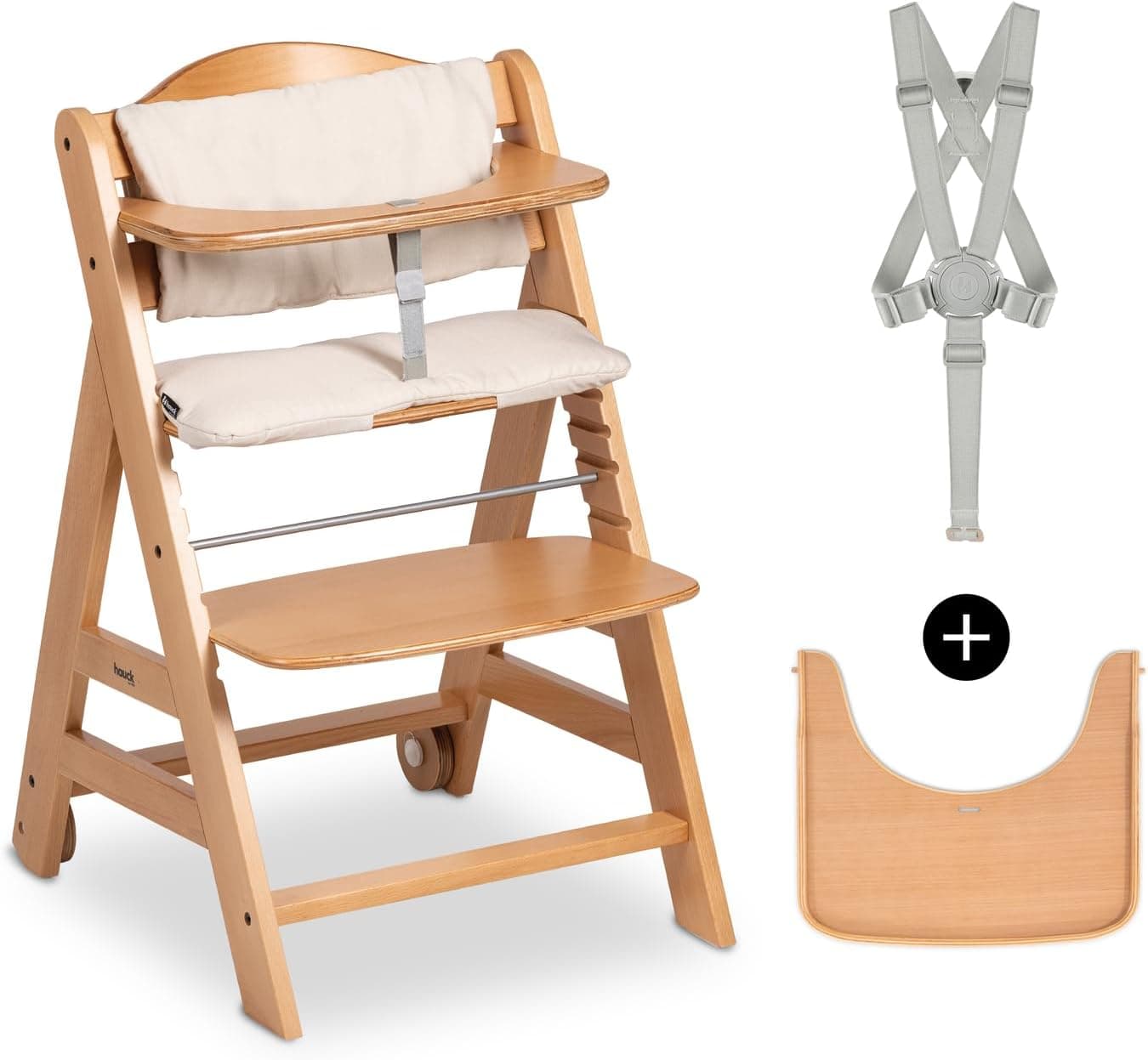 hauck Beta Plus Cadeira evolutiva de madeira com certificado FSC® almofada e bandeja, cadeira bebé volutiva a partir de 6 meses com arnês de segurança e rodas, sistema anti-capotamento, natural