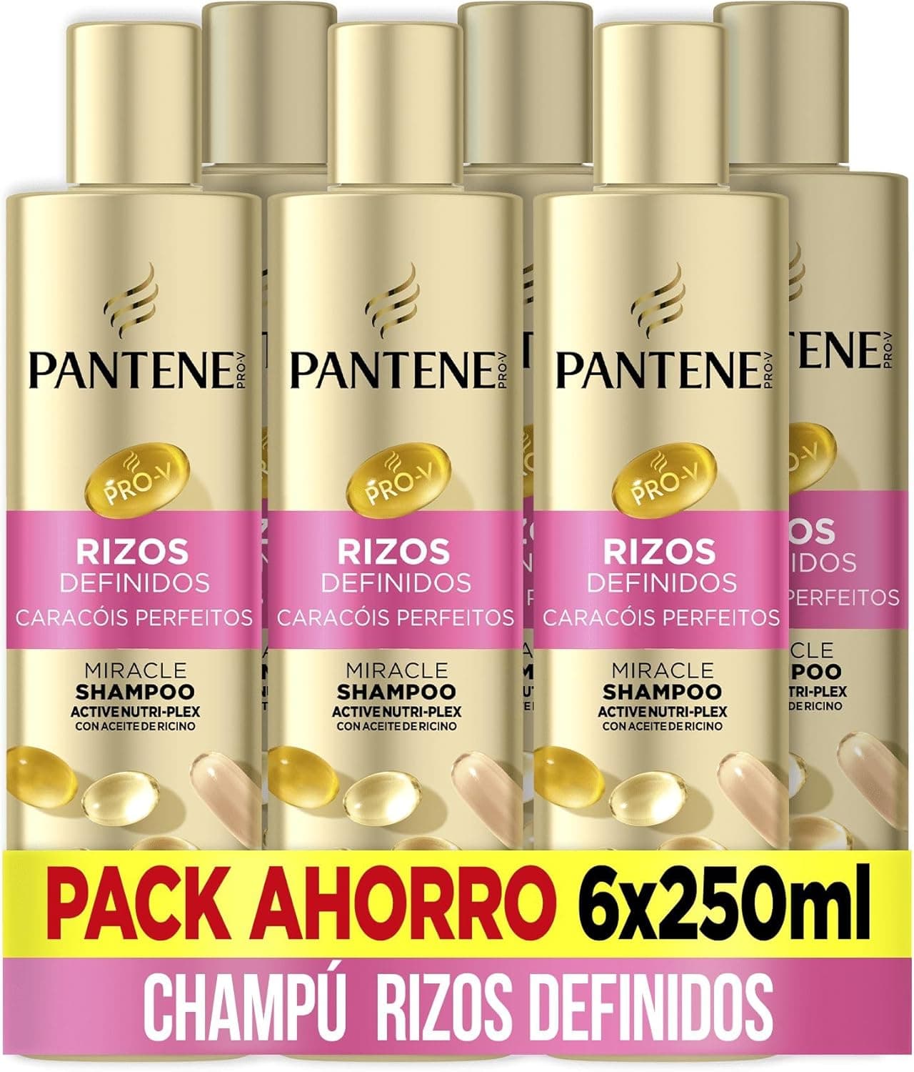 Pantene Pro-V Curls definidos champô Miracle 6 x 250 ml para caracóis rebeldes e crespados. Fórmula Pro-V com mistura de nutrientes e Active Nutri-Plex. Protege as ligações Capilares e Nutre.