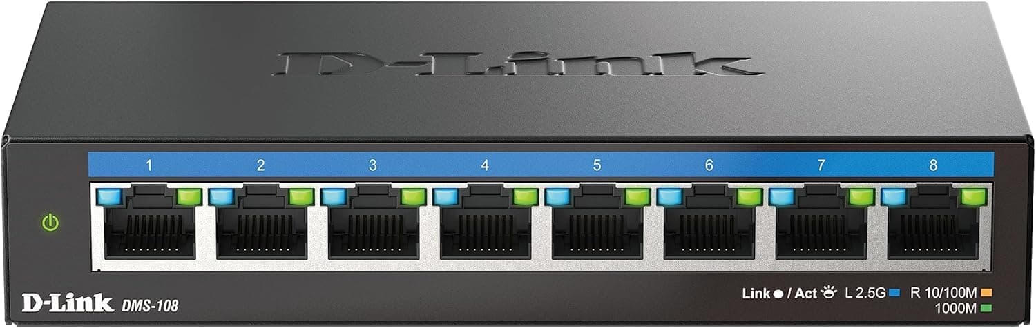 D-Link DMS-108, Switch Multigigabit, sem gestão, secretária, 8 portas de 2,5 gigabit (2,500 Mbps), ideal para ligação NAS ou servidores, metálico, Plug and Play, IGMP Snooping