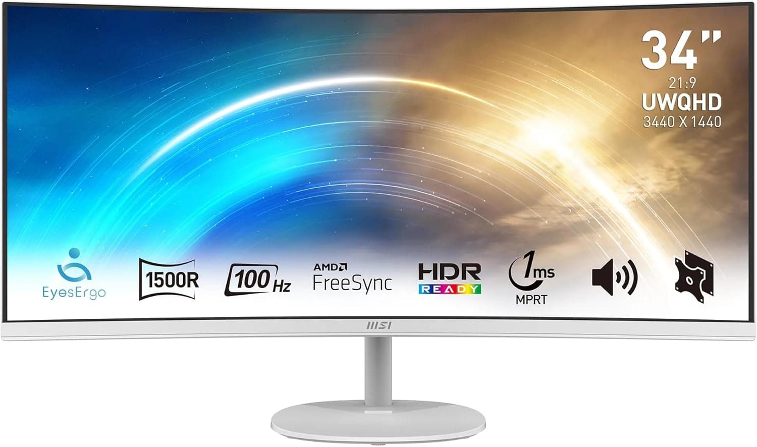 MSI PRO MP341CQW Monitor profissional, painel curvo de 34" UWQHD 3440 x 1440 1500R, taxa de atualização de 100 Hz, tempo de resposta de 1 ms (MPRT), DP, HDMI, HDR Ready, compatível com montagem VESA
