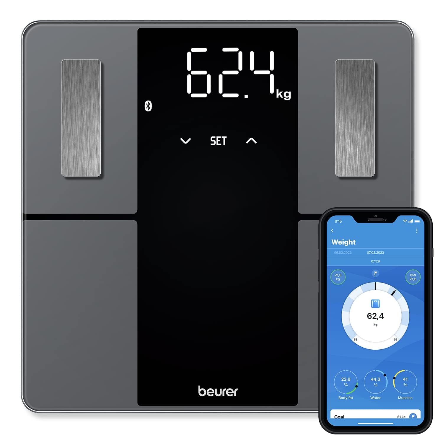 Beurer BF 500 Super Black Edition balança diagnóstica com Bluetooth, balança corporal digital conectada ao telemóvel via app, análise de valores corporais, ecrã extra grande
