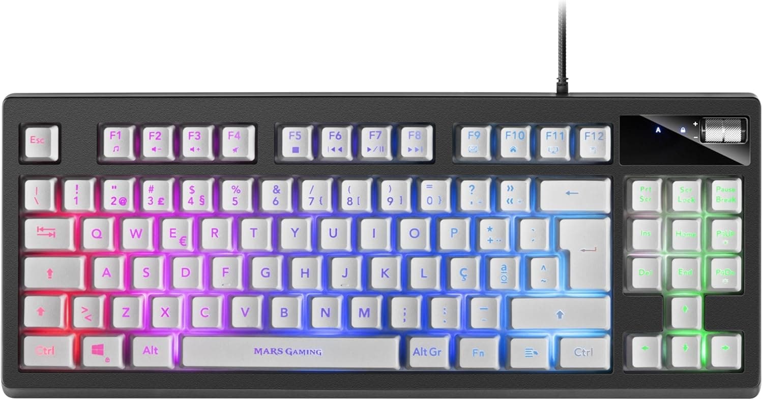 Mars Gaming MKAXWPT Teclado compacto TKL H-Mech, iluminação RGB 9 efeitos, gel de apoio, branco, idioma português
