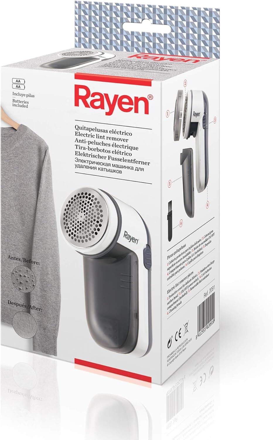 Rayen | Removedor de borboto elétrico | Inclui pilhas | Com tampa protetora de Acrilonitrila butadieno estireno, branco/cinzento | Para todos os tipos de peças de vestuário |