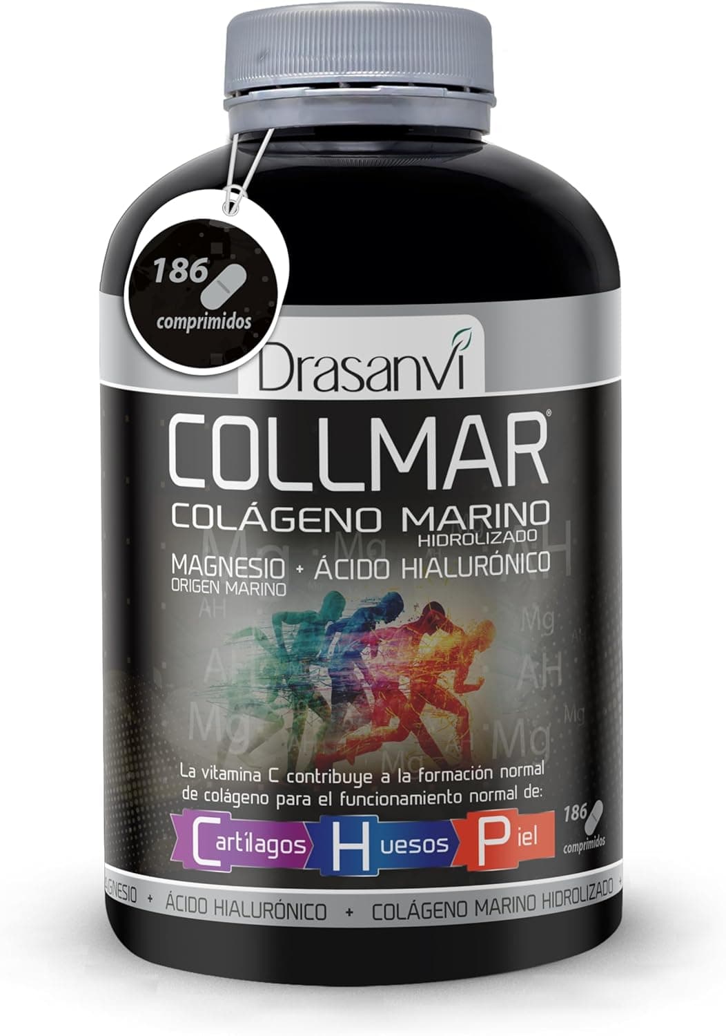 DRASANVI COLAGENO HIDROLIZADO com ácido hialurónico, magnésio e vitamina C natural, ossos e articulações, colágeno marinho 3,900 mg/dia, 186 comp = 31 dias, sabor baunilha