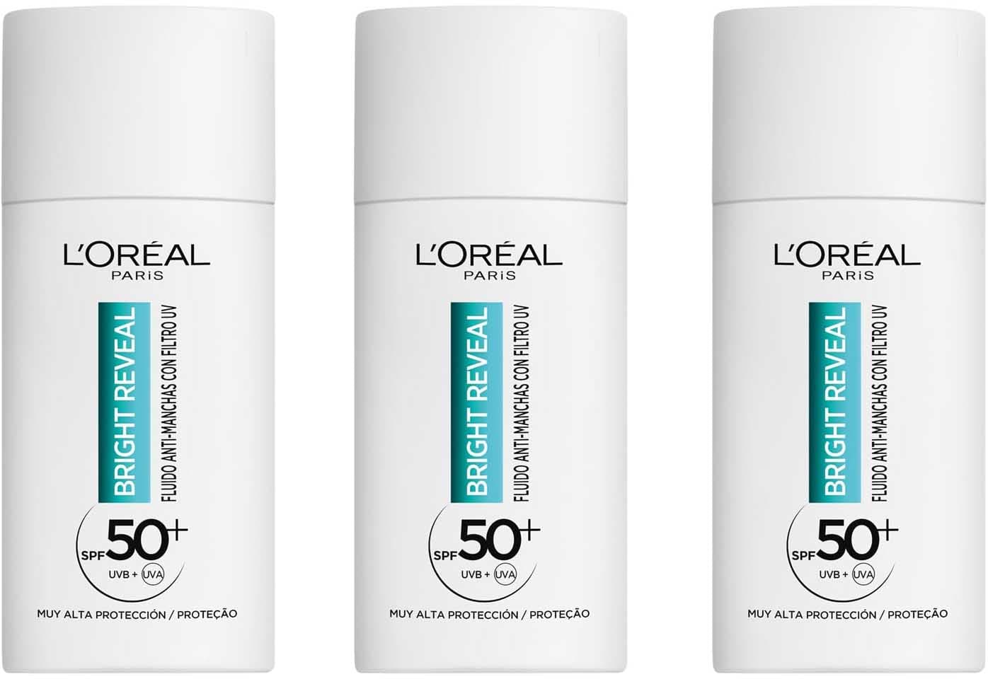 L'Oréal Paris Bright Reveal Fluido hidratante antimanchas, com filtro UV SPF 50+, para todos os tipos de pele, proteção e redução de manchas, com niacinamida e vitamina E, 50 ml