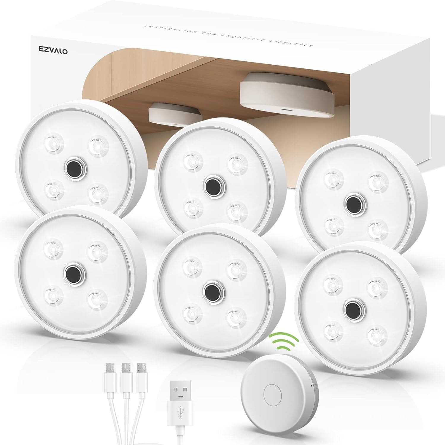 EZVALO Luz de armário de 6 peças, luz LED com controlo não tátil, luz LED autocolante com controlo remoto, iluminação regulável para escadas, quartos, corredores, armários, cozinhas