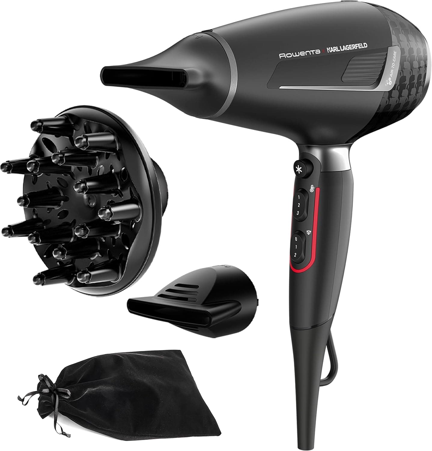 Rowenta x Karl Lagerfeld K/pro Stylist CV888L - Secador de cabelo de 2200 W com motor AC Pro, 6 configurações de velocidade/temperatura, revestimento Keratin & Glow, 2 bocais concentradoras e difusor