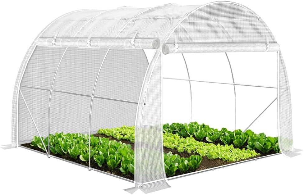VOUNOT Estufas de jardim, túnel de estufa, jardim para plantas com paredes laterais enroláveis, cobertura PE e balde de aço, impermeável, 3 x 3 x 2 m, branco