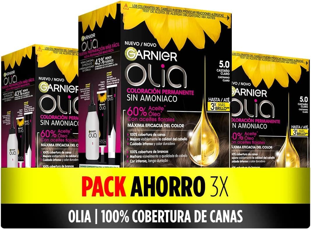 Garnier Olia - pacote de 3 cores permanentes sem amoníaco para um cheiro agradável com óleos florais de origem natural, cor tom 5,0 castanho claro