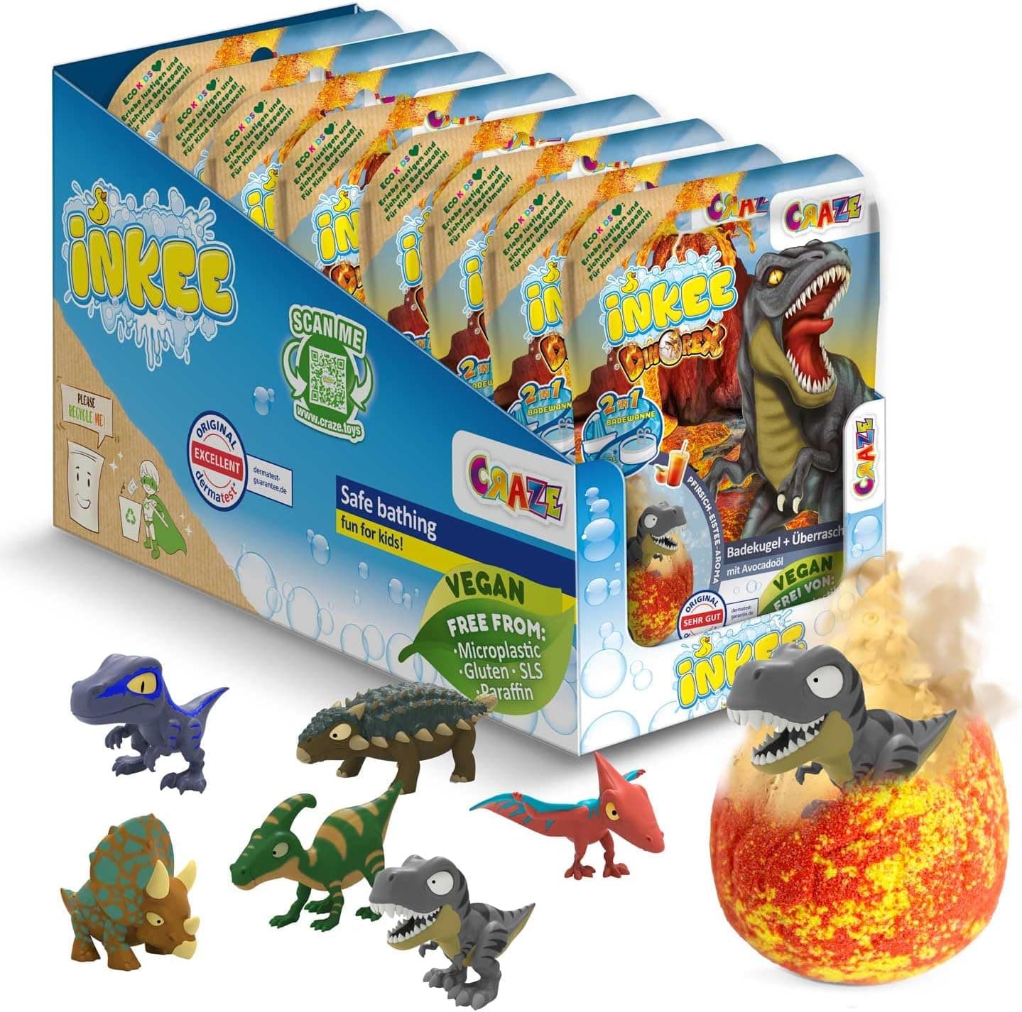 INKEE Surprise Dinorex | Pack de 8 bombas de banho para crianças com figuras surpresa de dinossauro e aroma de chá de pêssego