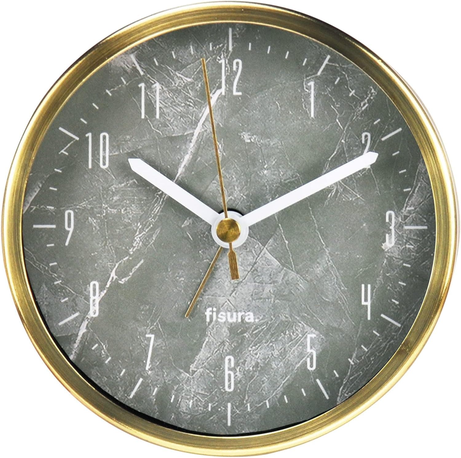 Fisura | Despertador analógico em metal dourado com efeito mármore e funcionamento silencioso, 11 cm