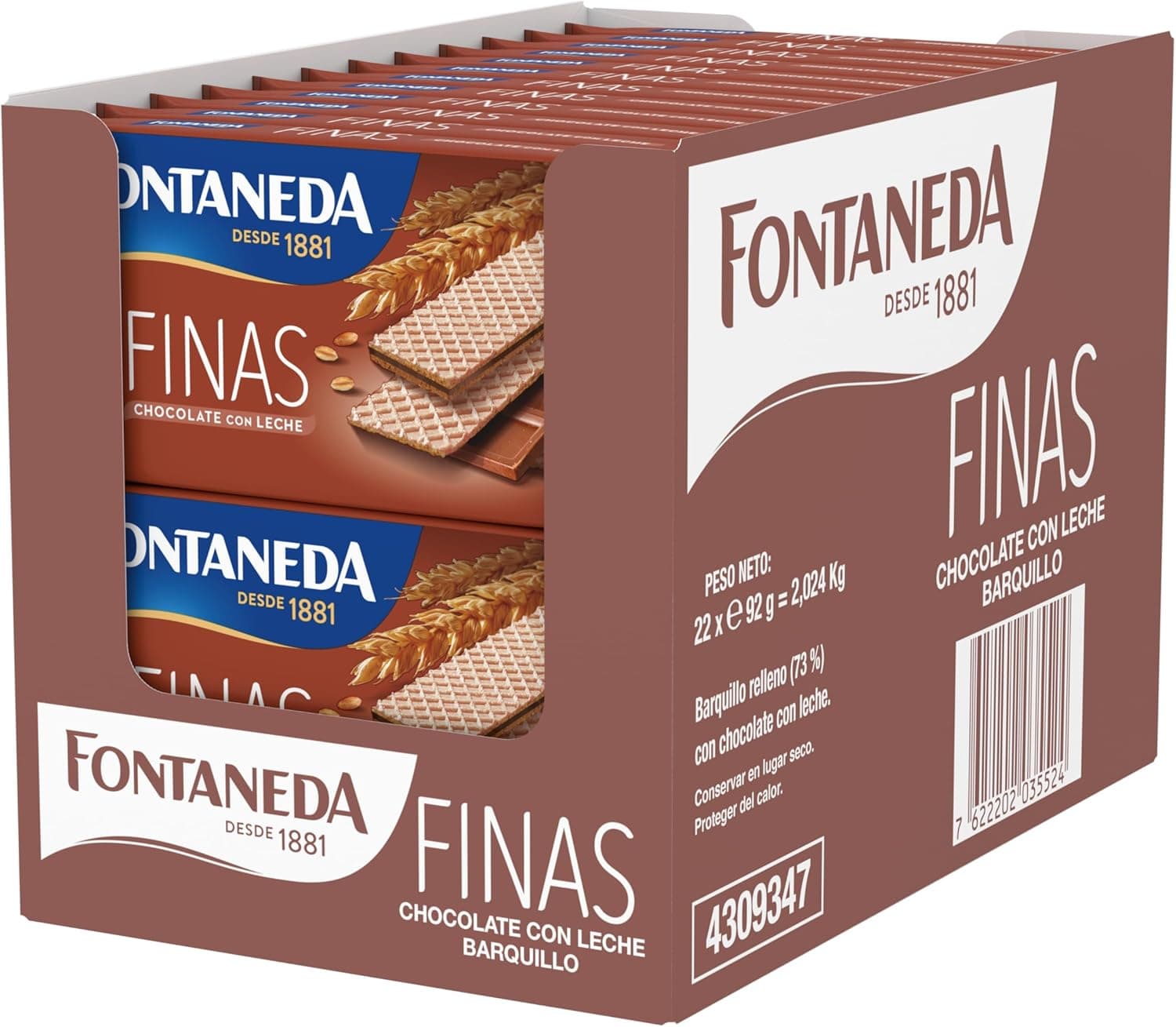 Fontaneda Barquinhos finos com chocolate com chocolate, crocante e cremoso, pack de 22, 92 g