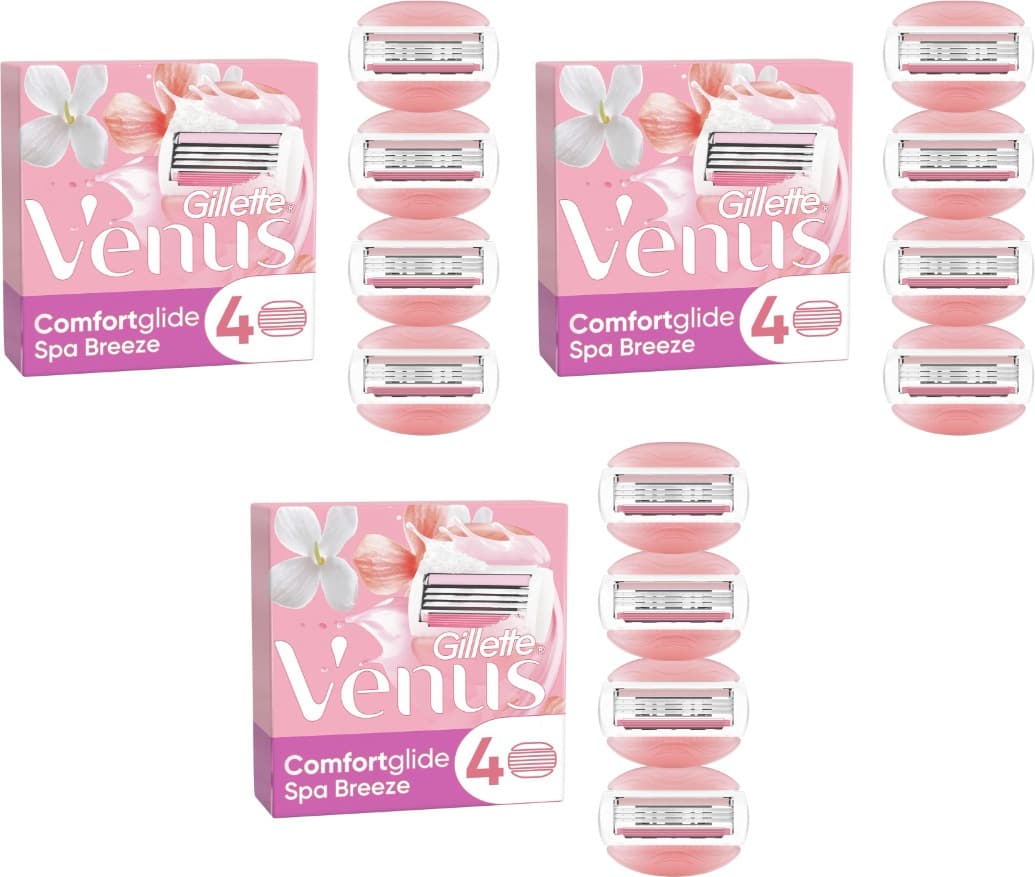 Gillette Venus Comfortglide Spa Breeze peças sobressalentes para máquina para mulher, 3 folhas incorporadas para uma remoção suave, púrpura e duradoura, pack de 4 x 3
