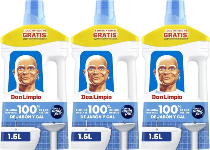 Don Limpio | Detergente líquido para casa de banho que remove marcas de sabão e calcário, 1,5 L x 3