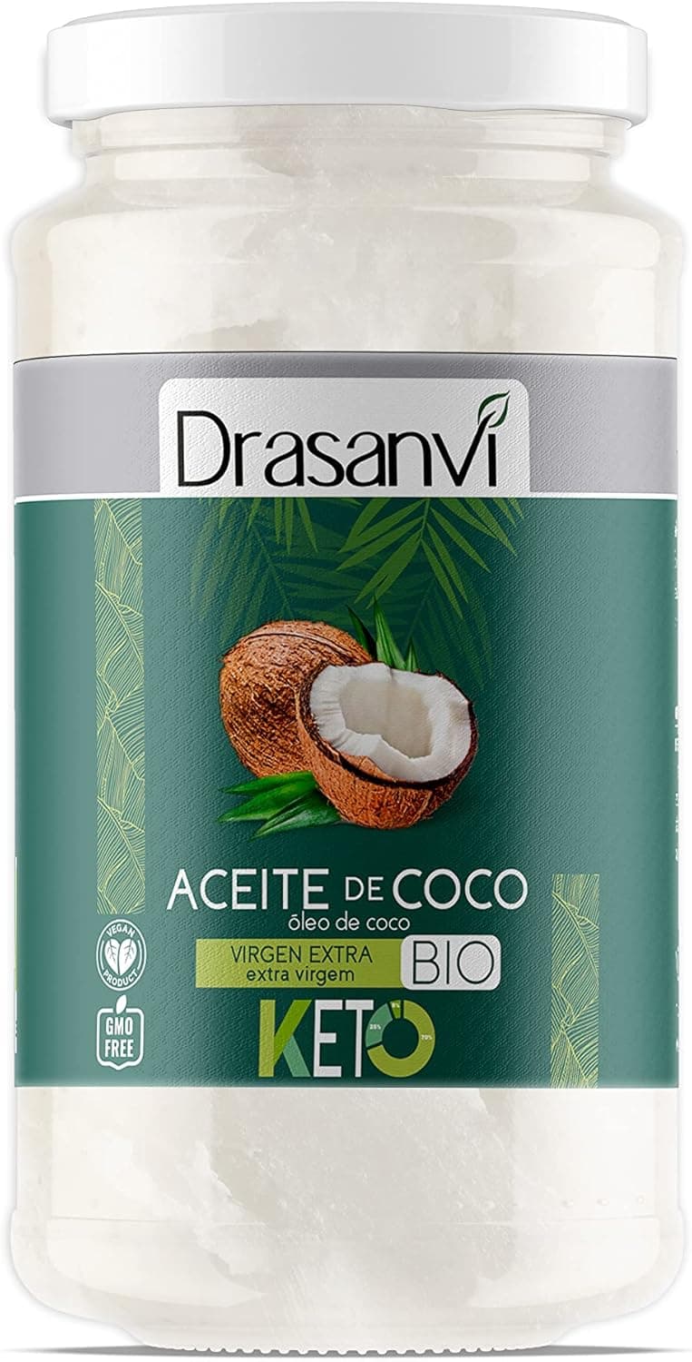 DRASANVI Óleo de coco virgem extra KETO CERTIFICADO BIO - Cocos procedentes da agricultura ecológica - adequado para cozinhar, fritar, assar - Vegano - sem glúten - Embalagem de vidro - 500 ml