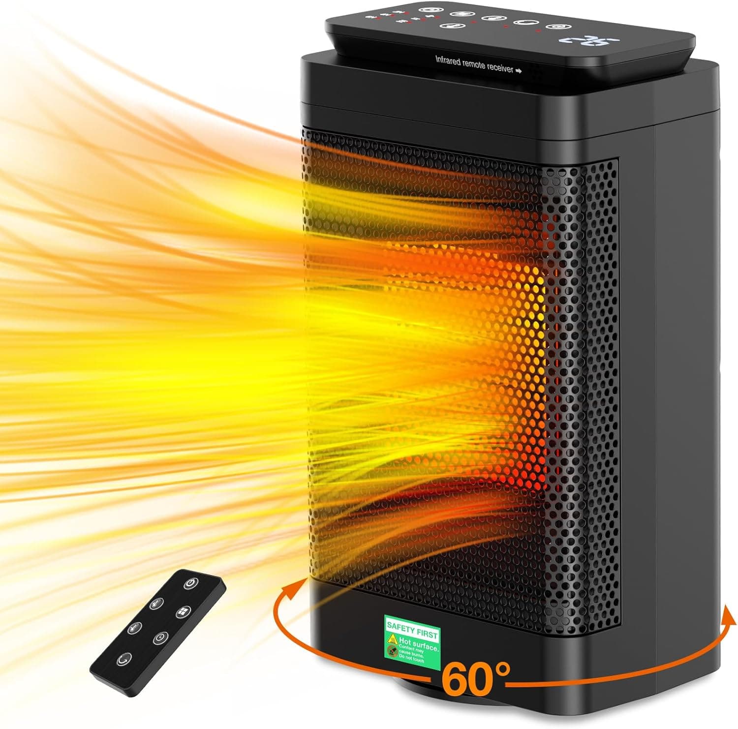 Calefactor Bajo Consumo - 1500W Calefactor Baño,PTC Calentador de 3 Modos,Temporizador 24h,60° Oscilación,Control Remoto,Protección Contra Sobrecalentamiento y Vuelco,para Baño Habitación Salón Negro