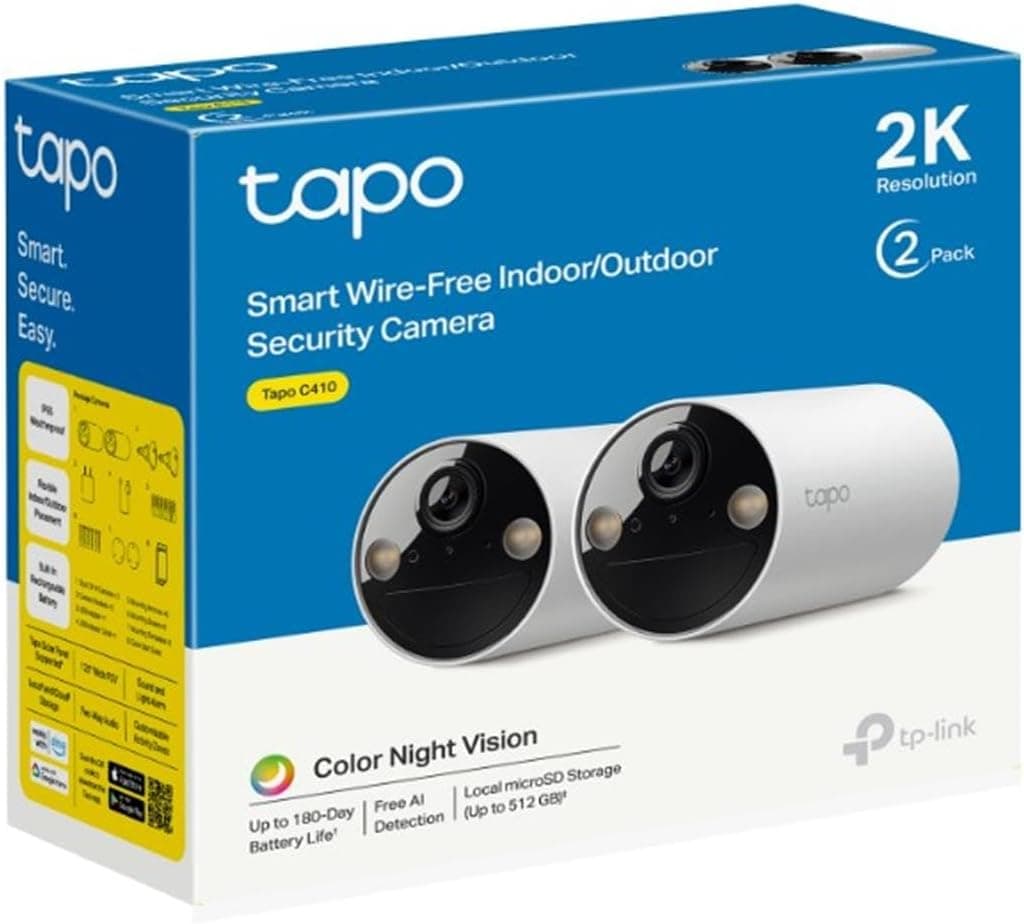 Tapo C410 (pacote de 2), visão noturna colorida 2K 3MP, recarregável, painel solar, IP65, armazenamento local / em nuvem, ângulo de 110°, alarme iluminado e sonora, câmara de segurança