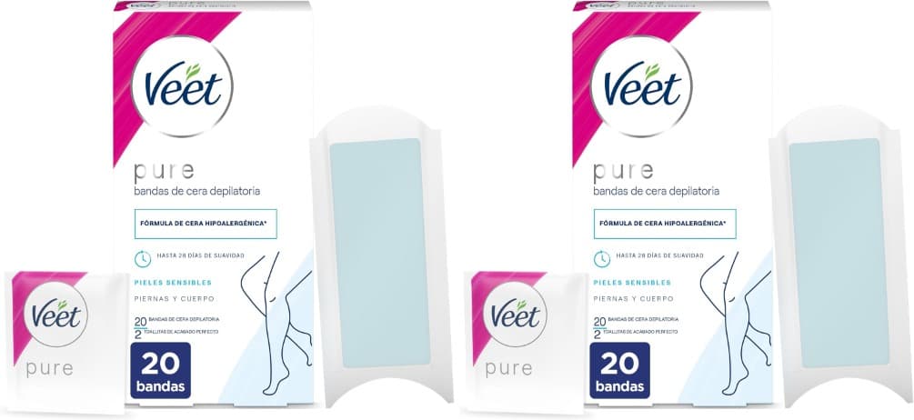 Veet Pure Bandas de cera fria para remoção de pernas e corpo, fórmula de cera hipoalergénica para peles sensíveis, 20 tiras x 2