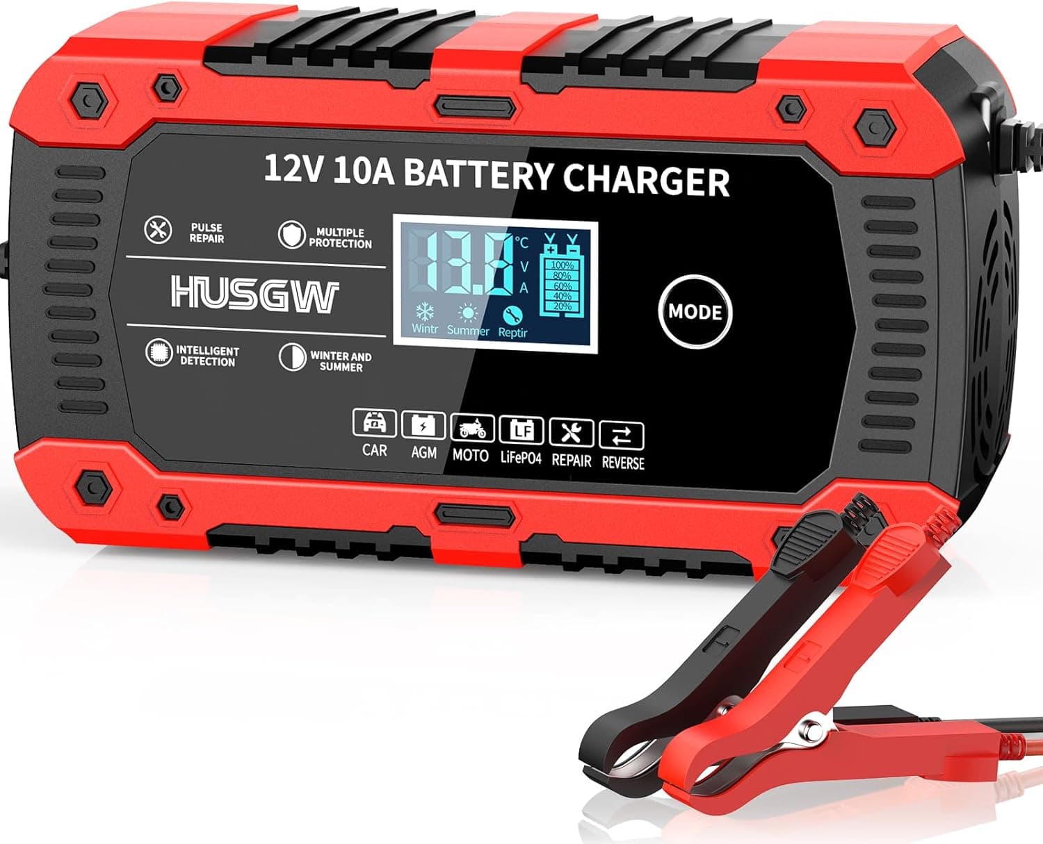 12V10A Carregador de bateria de carro, suporte de bateria para mota inteligente e funções portáteis de reparação automática, carregador de baterias carro com ecrã LCD, para carro, AGM, moto, LifeP04