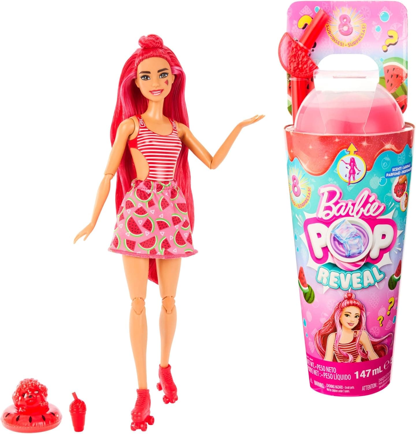 Barbie Pop! Reveal série frutas melancia boneca que revela as suas cores com copo, inclui roupas, animais de estimação e acessórios surpresa, brinquedo + 3 anos (Mattel HNW43)