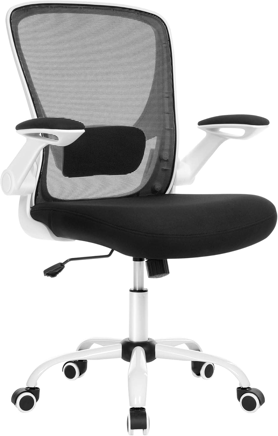 SONGMICS Cadeira de escritório, cadeira de secretária de malha, cadeira giratória ergonómica, suporte lombar, oscilante, assento de 53 cm, apoio de braços batíveis, branco e preto OBN37WTV2