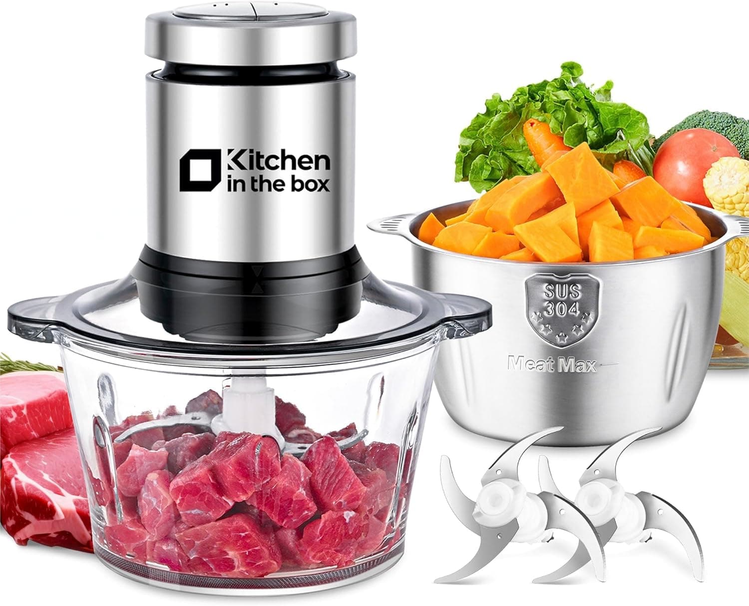 Kitchen in the Box - Picador elétrico, 2 velocidades, processador de alimentos de 400 W com 2 grandes recipientes (2 L + 2 l), 2 cabeças e 4 lâminas de nível duplo para carne/legumes/comida para bebés