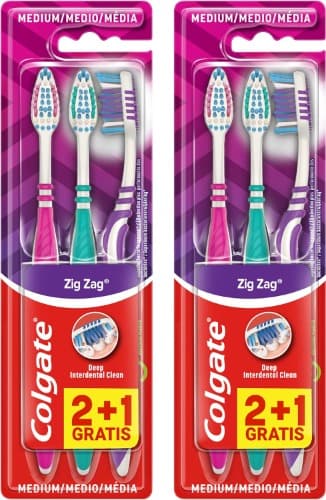 Colgate ZigZag | Escova de dentes média com limpeza interdental e limpador de língua, pack de 3 x 2