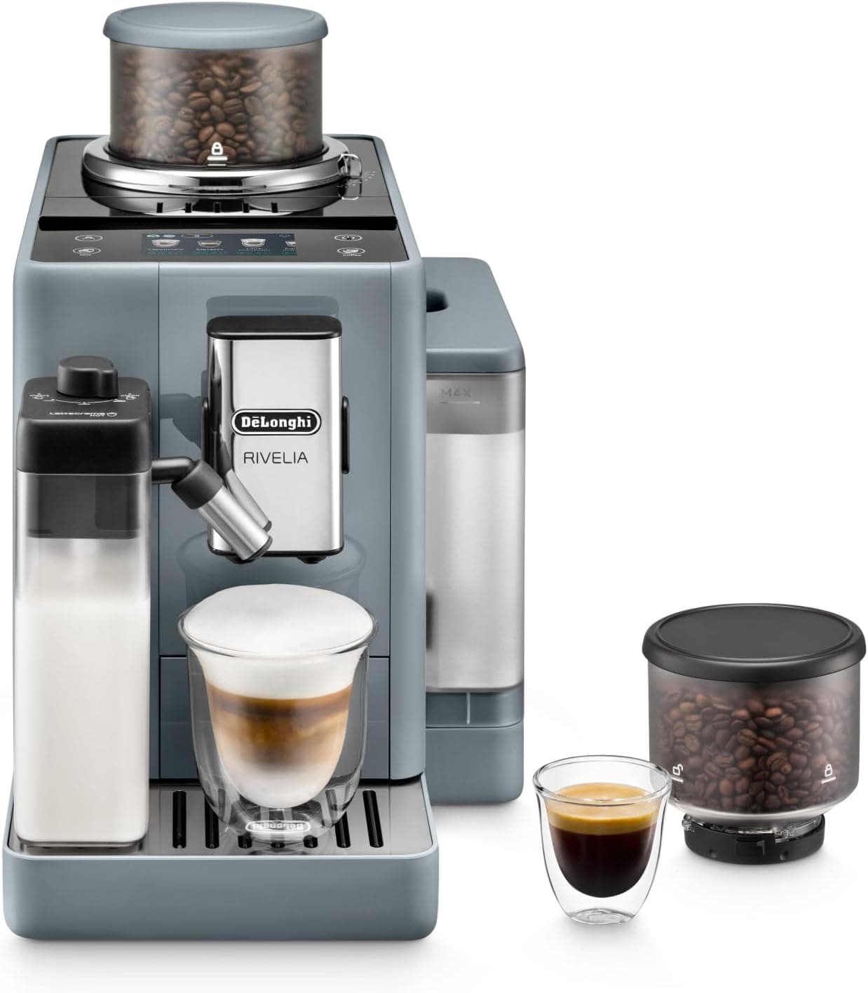 De'Longhi Rivelia EXAM440.55.G, Máquina de café super automática com LatteCreme Hot, espumador de leite automático, tamanho compacto, 16 receitas, ecrã táctil colorido, cinzento