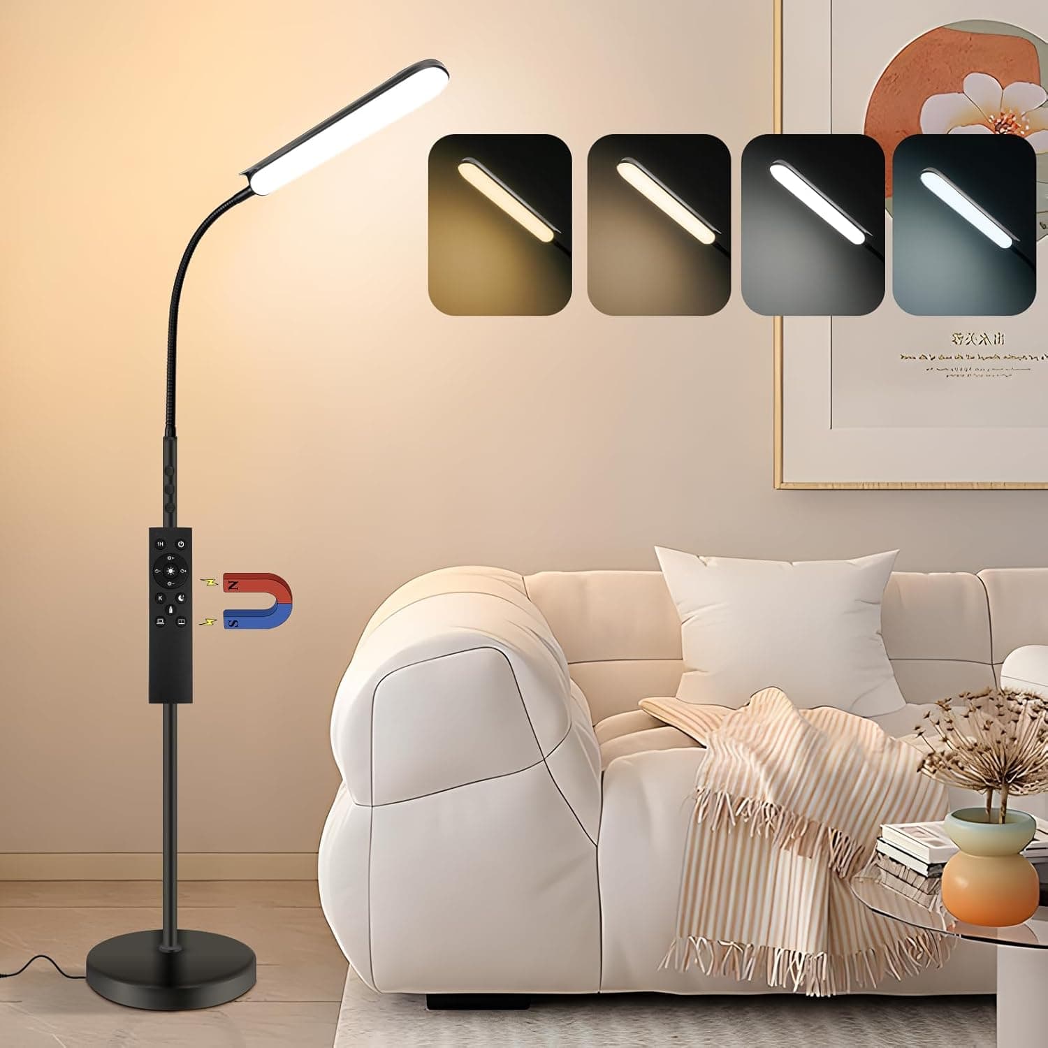 VARICART FLL-018-F2 | Candeeiro de pé LED regulável com controlo remoto, temporizador e 4 temperaturas de cor para sala, quarto ou escritório
