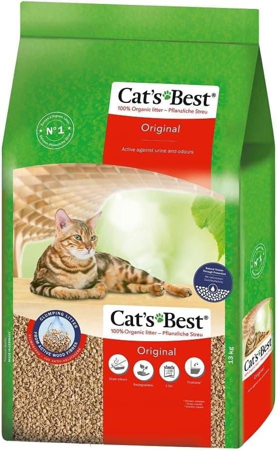 Cat's Best Areia gatos glomerante EcoPlus 40L (17,2 kg). Terra para gatos até 7 semanas de uso. Areia biodegradável de fibra vegetal ecológica