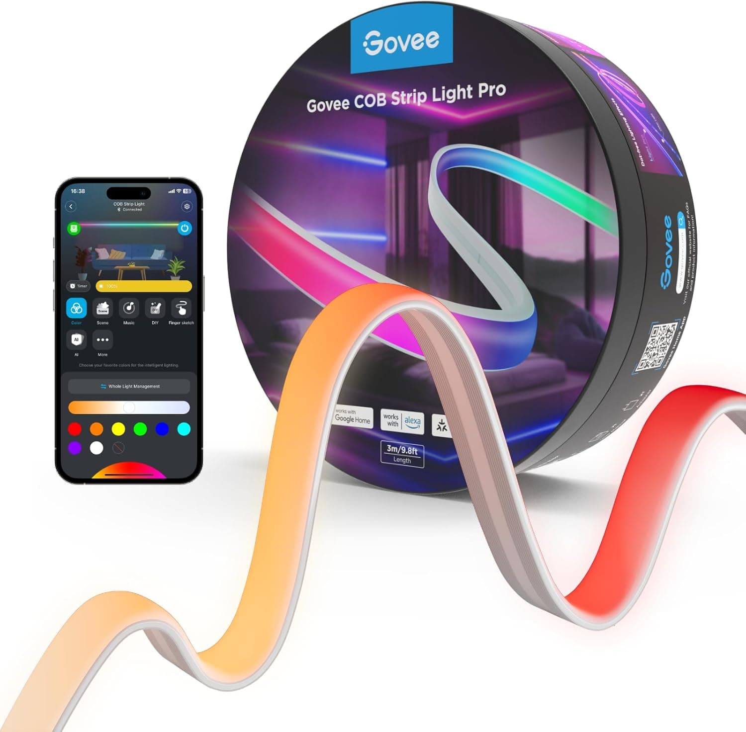 Govee COB Faixa de luzes LED Pro, tira de luzes inteligente compatível com Alexa, Google Assistant e Matter, luz RGBICW com luz branca quente, tira de luzes que muda de cor, 3 m