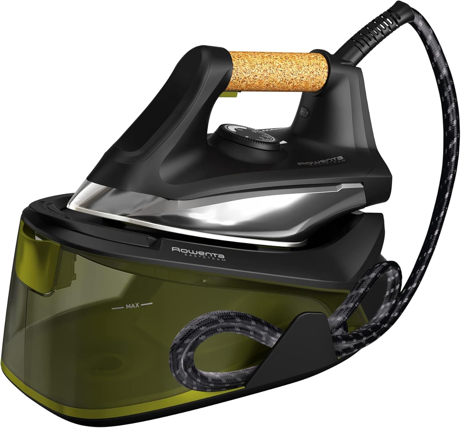 Rowenta Easy Steam Centro de passar a ferro de alta pressão 6 bares, golpe a vapor 270 g/min, vapor contínuo 110 g/min sola Airglide com depósito de 1,4 l e modo ecológico, preto/verde