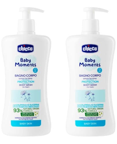 Chicco Baby Moments Bagno corpo sem lágrimas, gel de banho para bebés, com fórmula natural, com extrato de malêndula, propriedades emolientes, 0 meses - 500 ml x 2