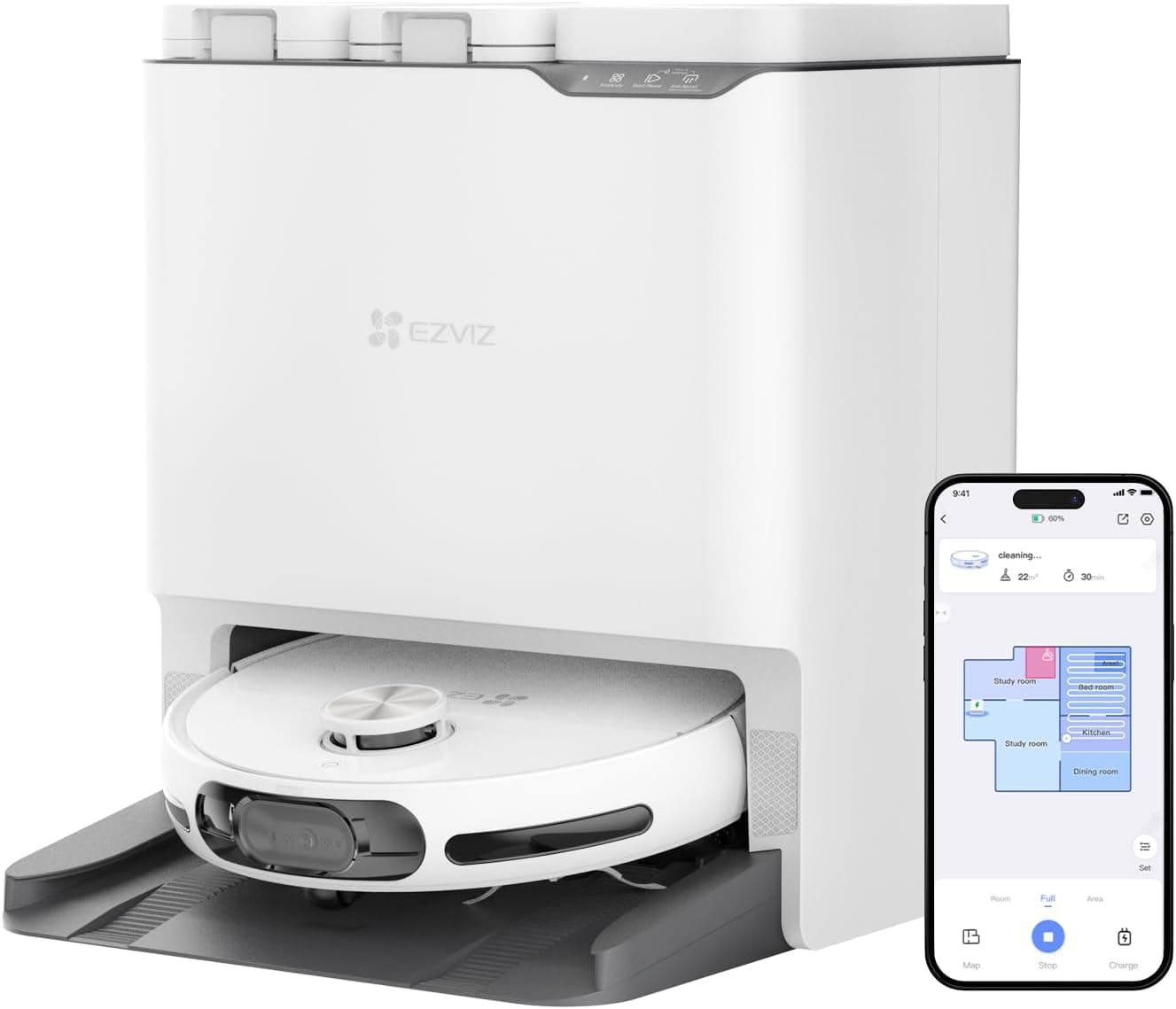 EZVIZ RS20 Max Robot aspirador com função de opa, 13000 Pa aspiração de limpeza, prevenção ativa obstáculos, esvaziamento automático/lavagem automática/secagem automática, compatível com Alex, Google
