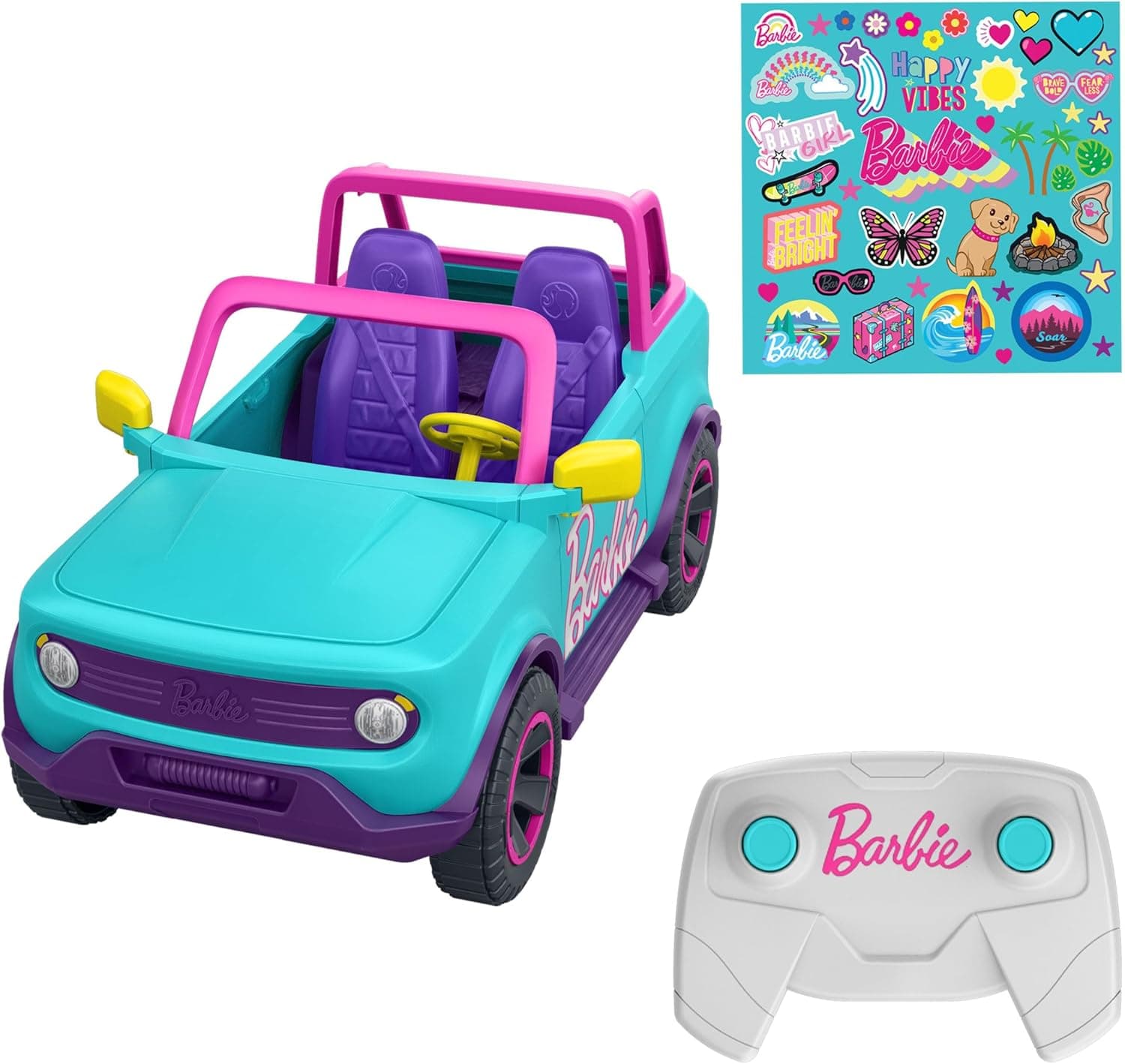 Hot Wheels Carro remoto, Barbie SUV rádio control carro de brinquedo telecomandado com comando para bonecas e autocolantes, 5 anos, HTP53