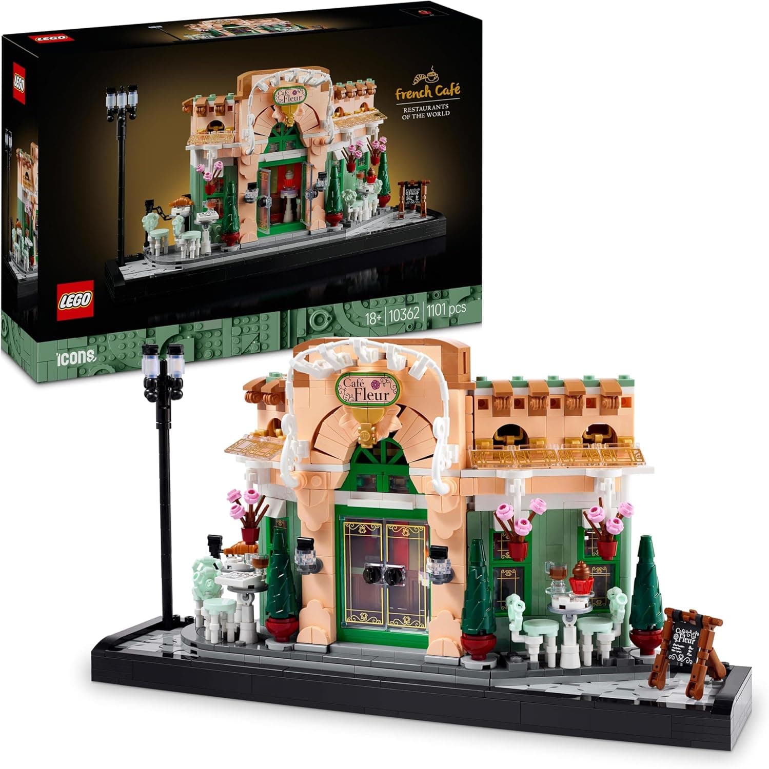 LEGO Icons Café francesa Maquete para construção de adultos de um edifício, decoração para casa e escritório, fachada pintoresca, vasos e interiores detalhados, presente para mulheres e homens 10362