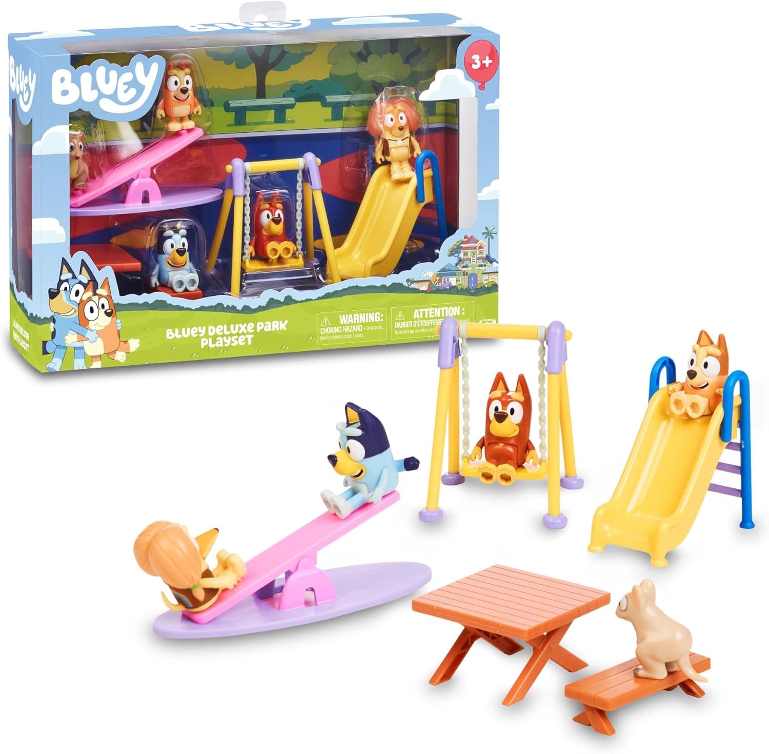Bluey - Parque, jogo de jogos com 5 figuras dos personagens da série e acessórios do parque, balanço, escorrega e mesa de piquenique, meninos e meninas +3 anos, famosa (BLY51000)