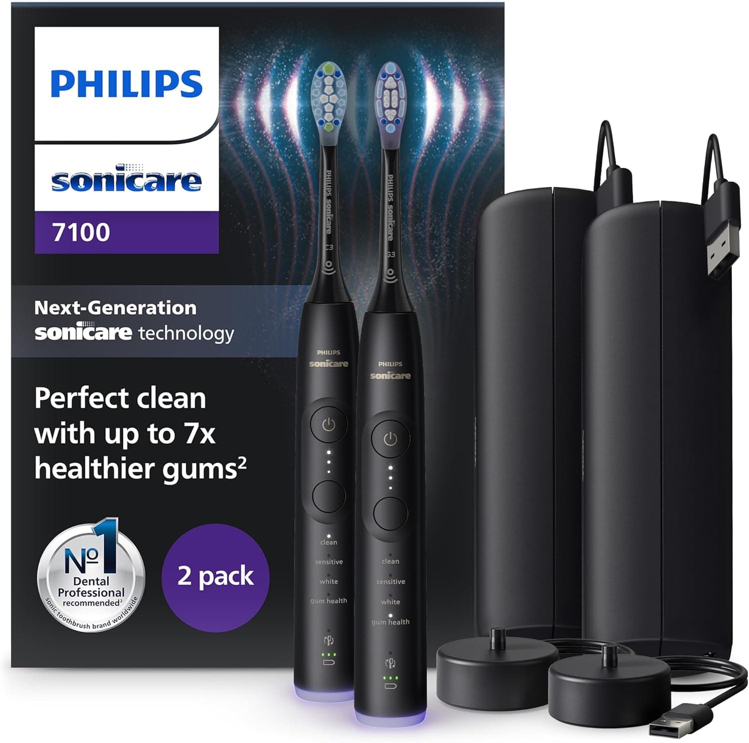 Philips Sonicare 7100 Escova de dentes elétrica, sónica com 4 modos de escovação e 3 níveis de intensidade, EasyStart, preto, pacote de 2, modelo HX7429/03 [nova tecnologia]