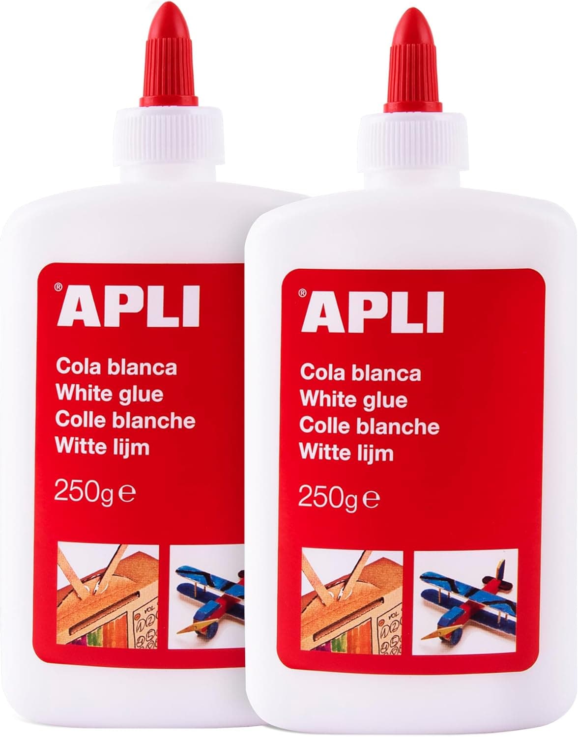 APLI 19658 | Cola branca líquida para trabalhos manuais em cartão madeira e papel pack de 2 unidades de 250 g