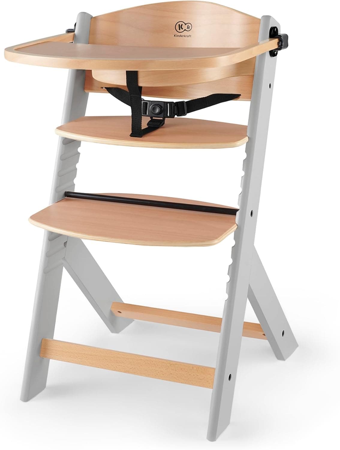 kk Kinderkraft ENOCK Cadeira alta bebé de madeira, infantil, portátil, para crianças, cadeira alta evolutiva, ergonómica, com acessórios, barreira e bandeja, cinzento
