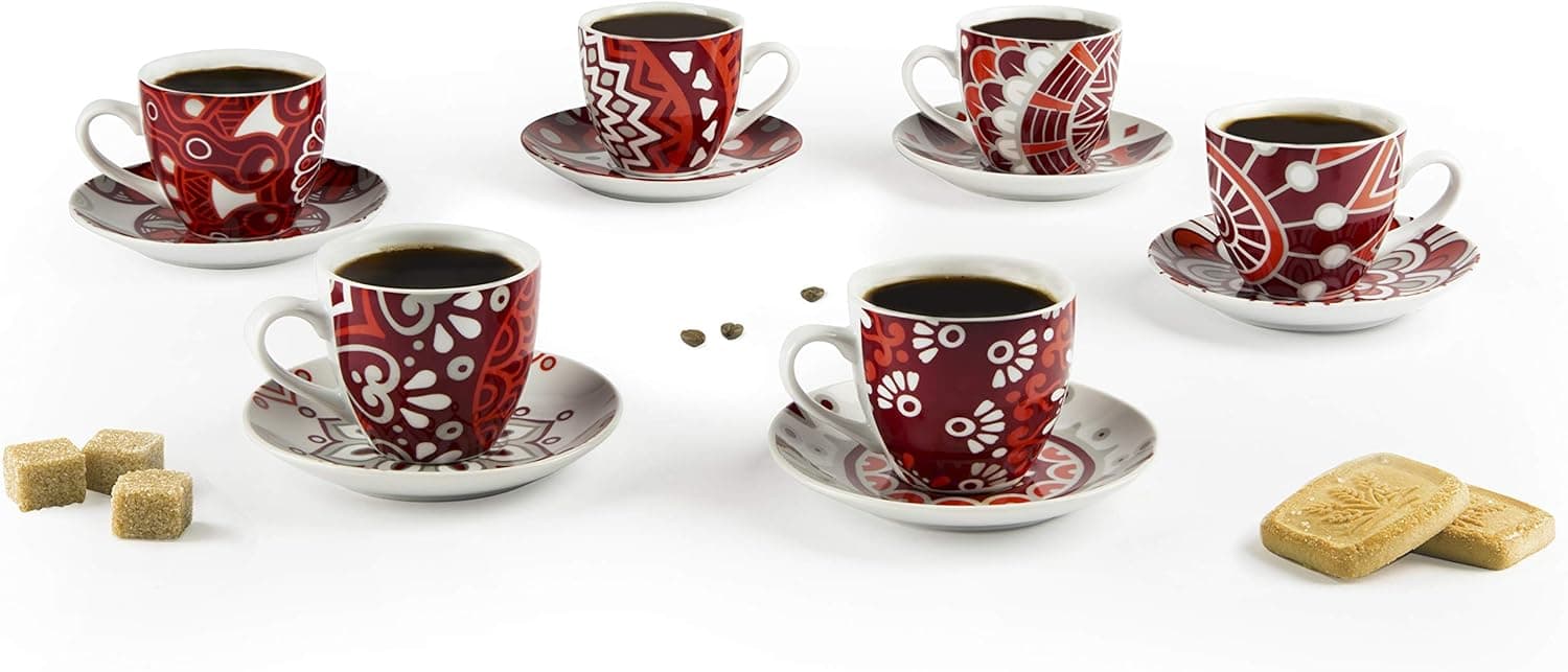 Excelsa Mandala vermelho conjunto de 6 chávenas de café com pires, porcelana